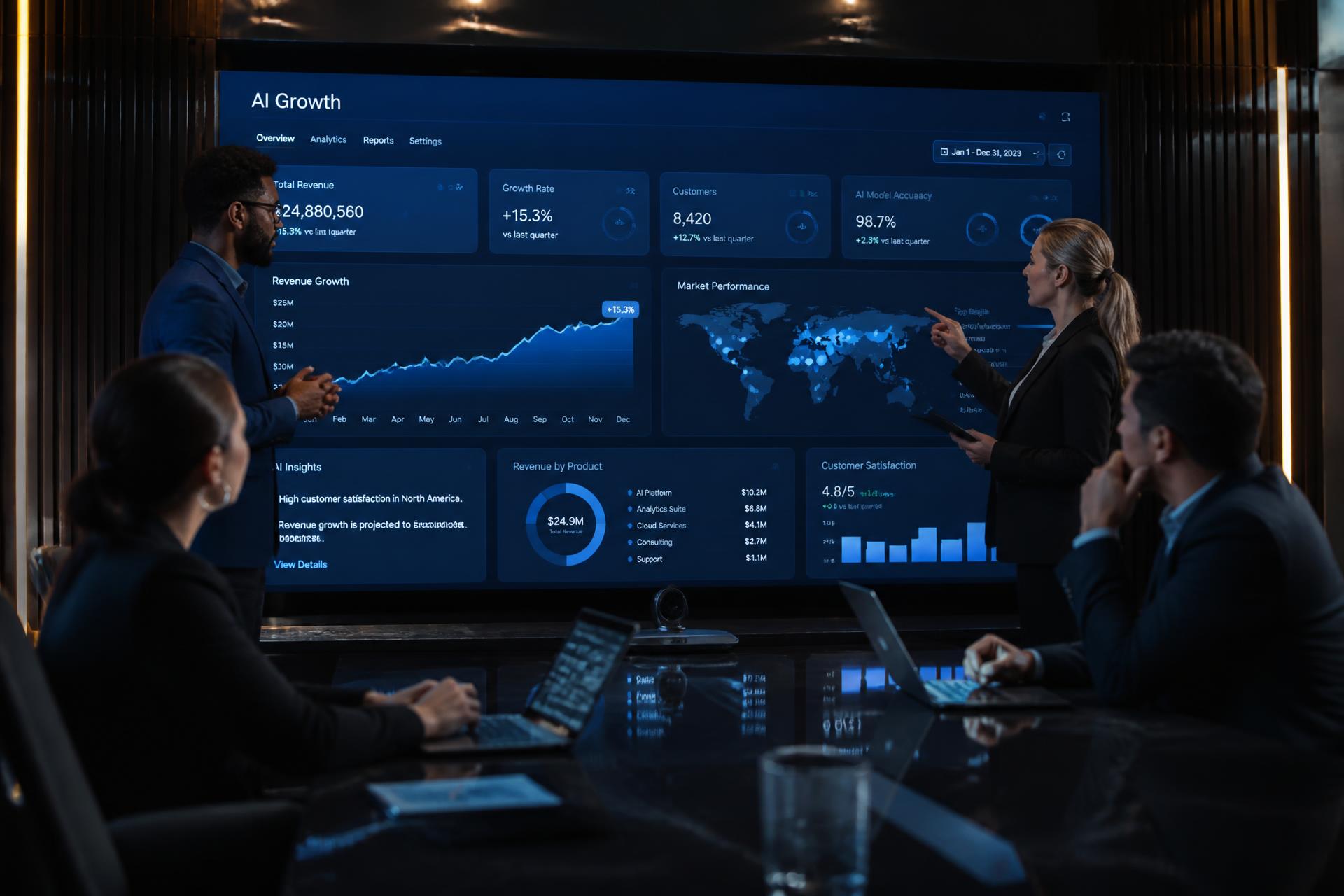 Ondernemers brainstormen rond een 85-inch scherm met AI dashboards